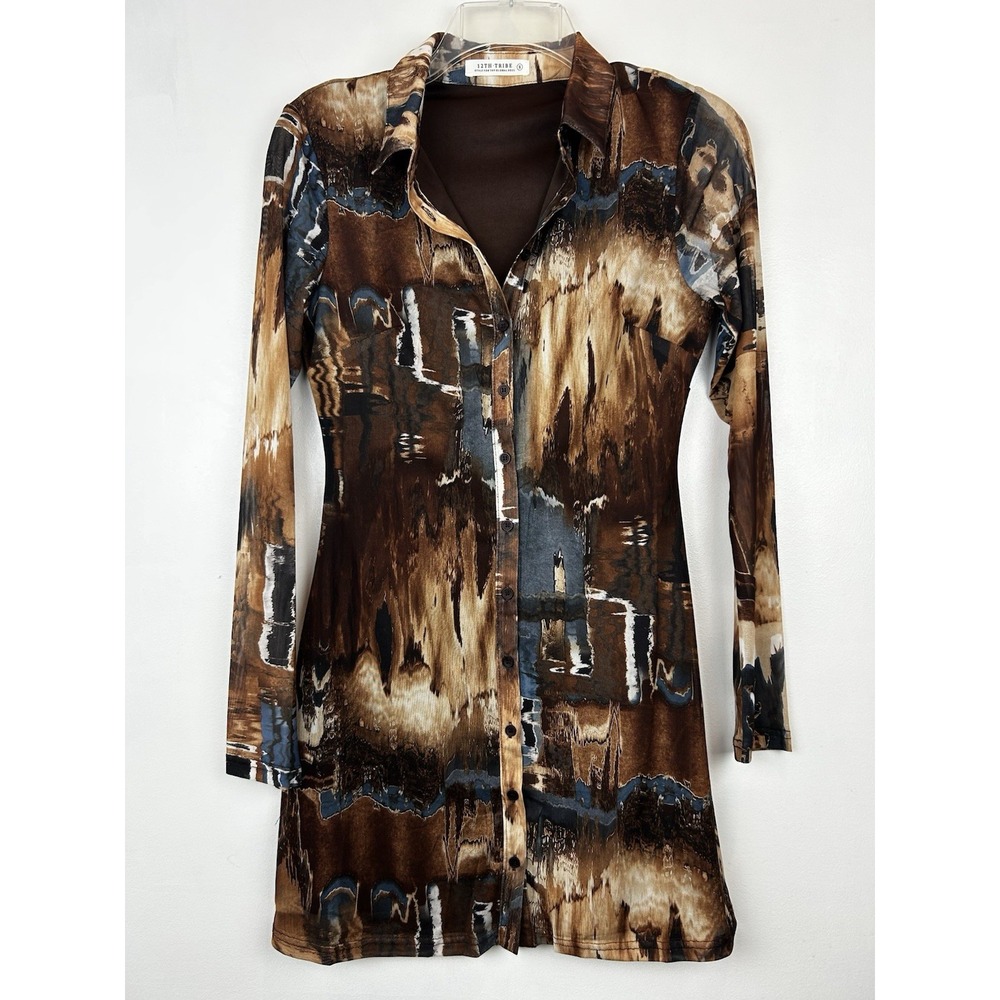 12th Tribe Shirt Dress Womens Small Sheer Sleeve Party Abstract Mini Sexy